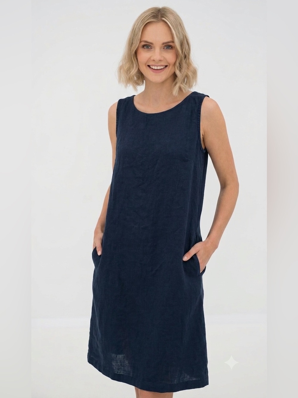 LeMuse 100% Linen Sleeveless Navy Dress Lagenlook Resortwear , Small